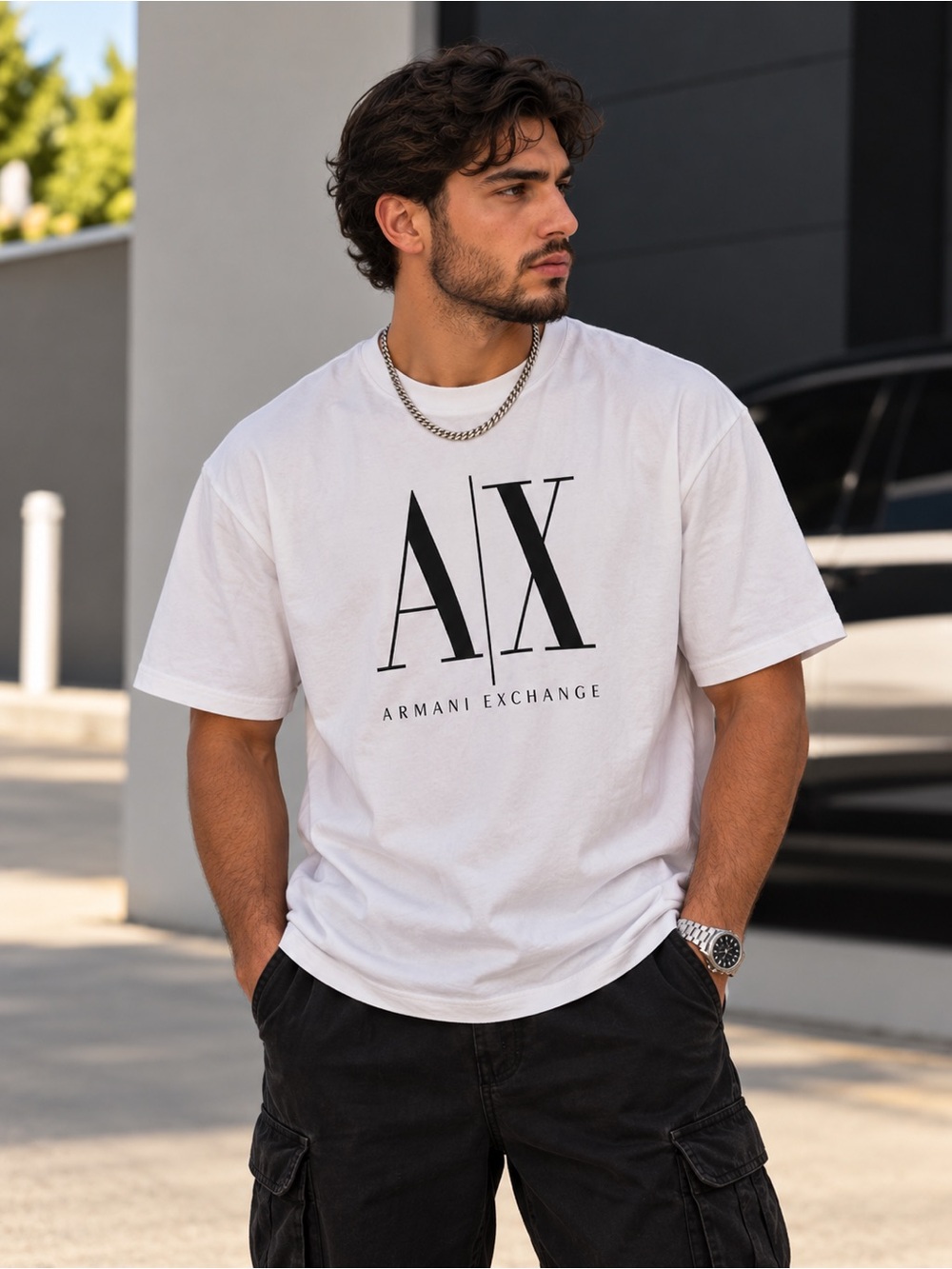 Armani Exchange White Tee with Bold Black AX Logo